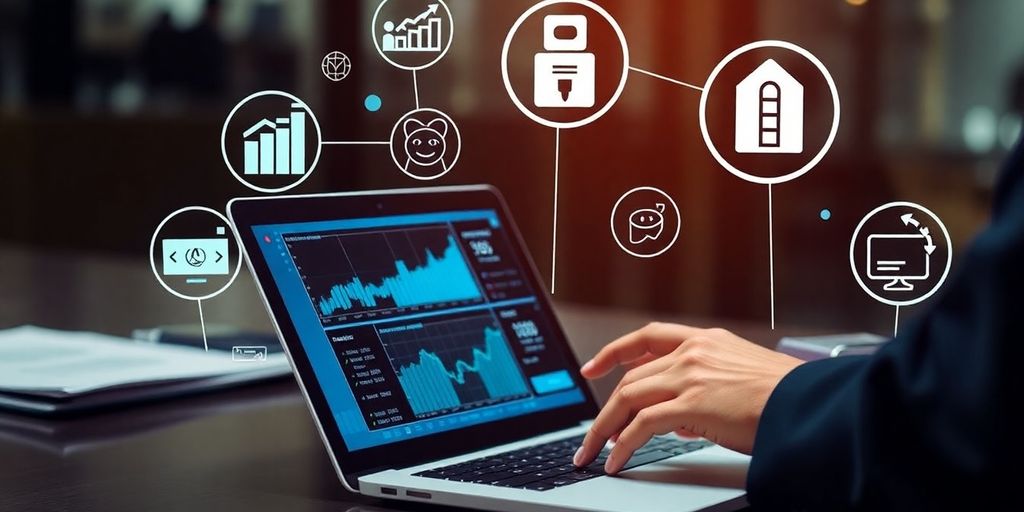 Person working on financial data with digital technology icons.